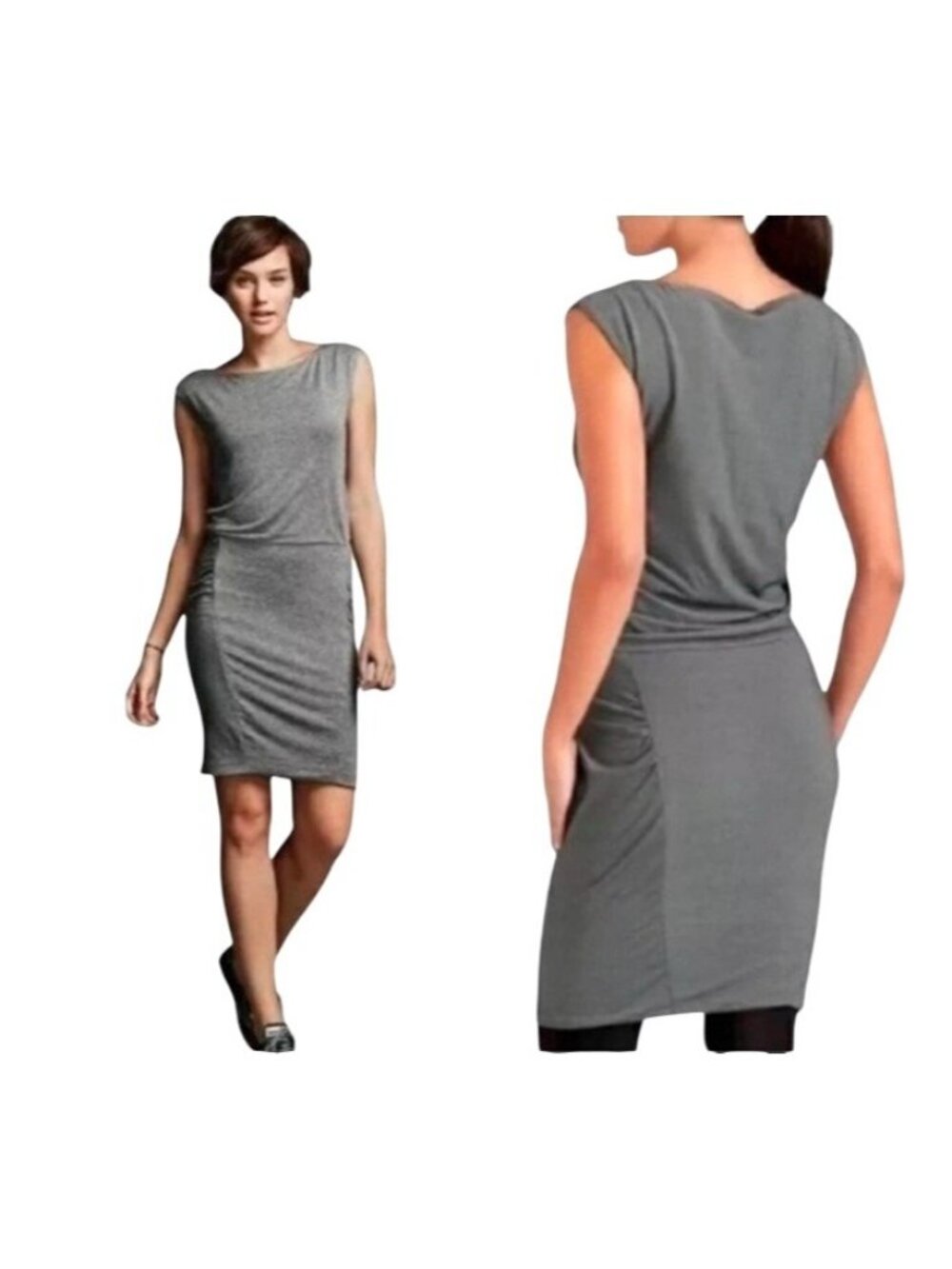 Athleta Micro Striped Westwood Dress Women XL Frosted Mocha Boat neck Sleeveless